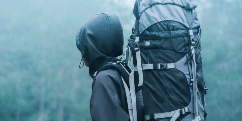 Backpacking - Man Wearing Black Hoodie Carries Black and Gray Backpacker Near Trees during Foggy Weather